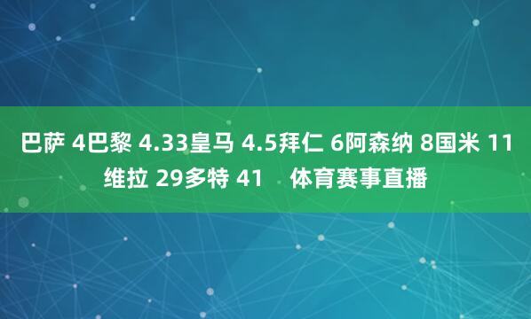 巴萨 4巴黎 4.33皇马 4.5拜仁 6阿森纳 8国米 11维拉 29多特 41    体育赛事直播